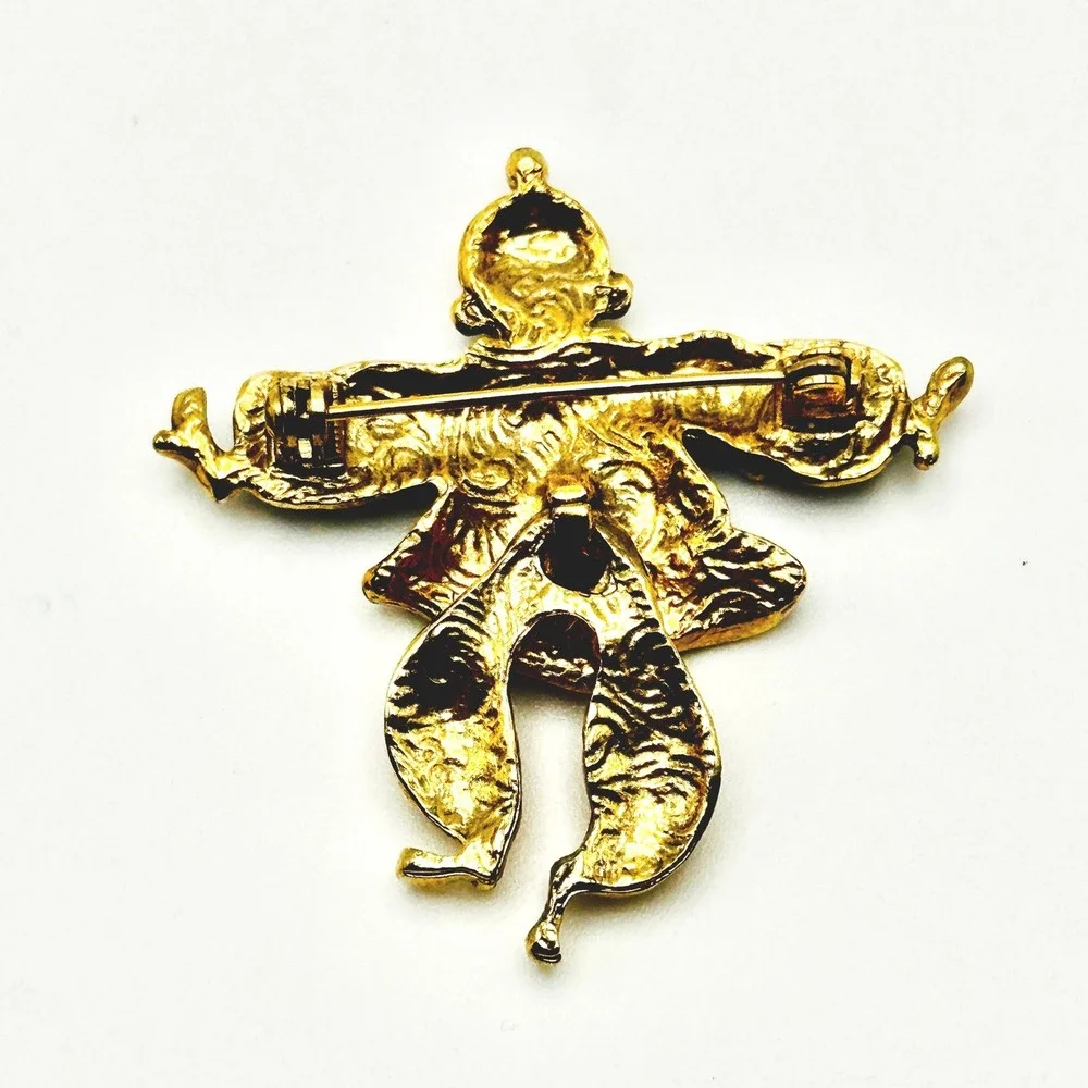 Vintage Black Enamel Articulated Rhinestone Dancing Clown Brooch Pin Whimsical